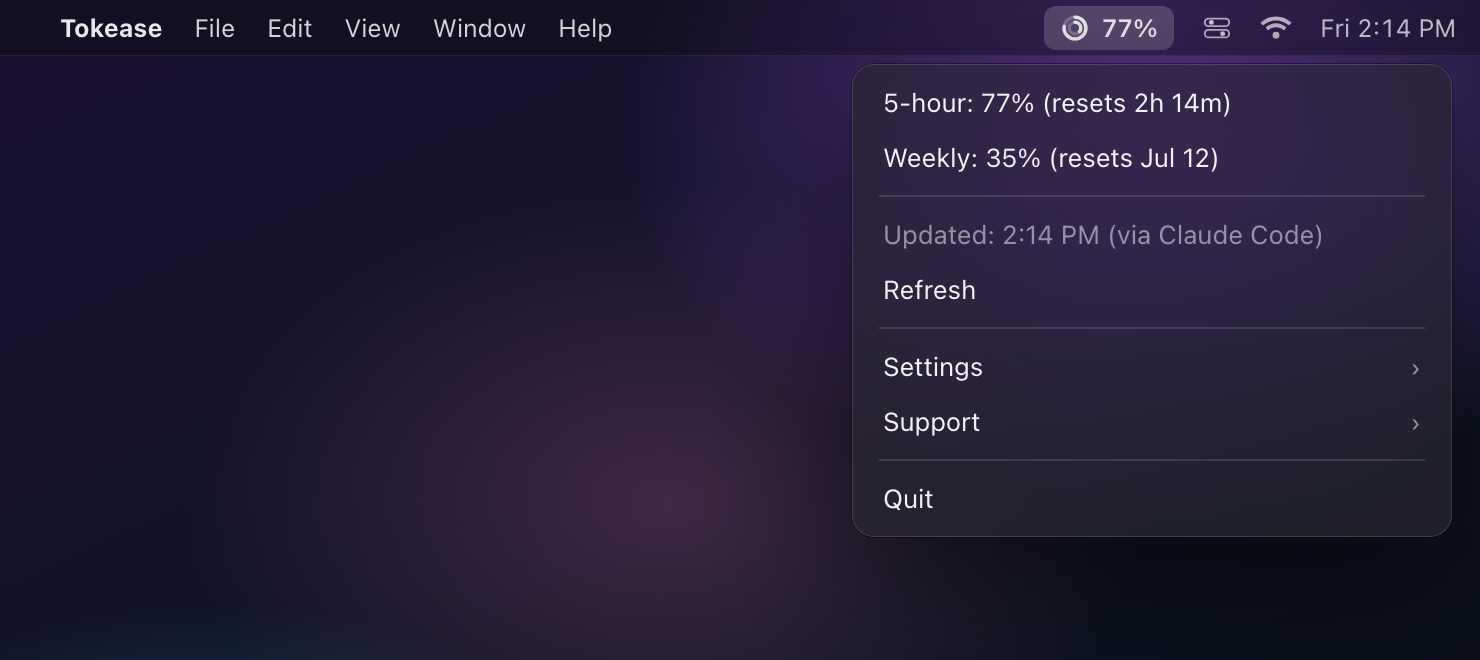 Tokease menu bar dropdown on macOS showing the Claude 5-hour limit at 77% and weekly limit at 35% with reset times